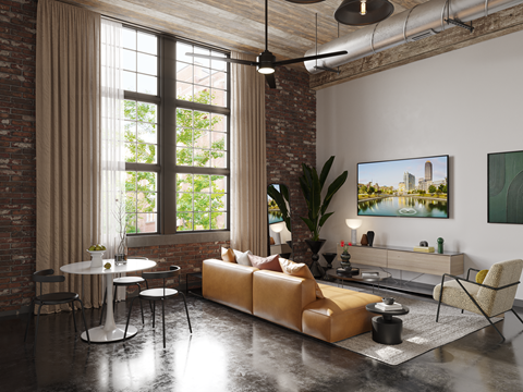 a living room filled with furniture and a large window